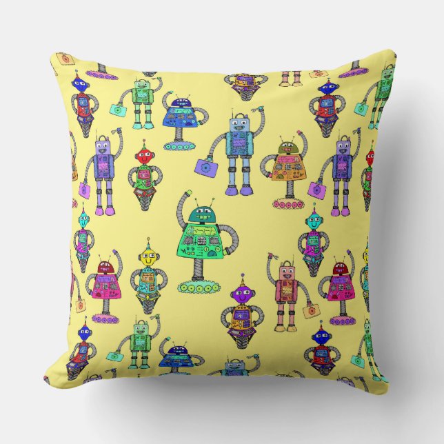 Colourful cute robots on a yellow background cushion (Front)