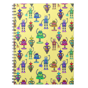 Colourful cute robots on a yellow background notebook
