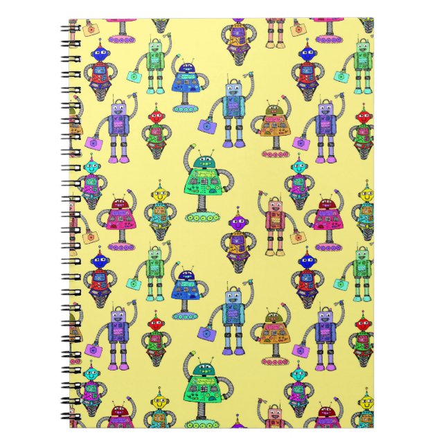 Colourful cute robots on a yellow background notebook (Front)