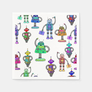 Colourful cute robots on white background napkin