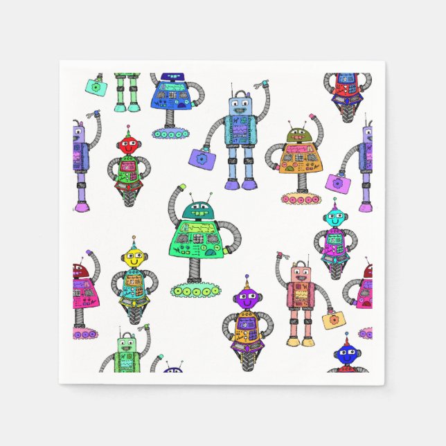Colourful cute robots on white background napkin (Front)