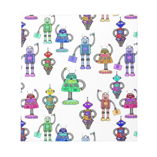 Colourful cute robots on white background notepad (Front)