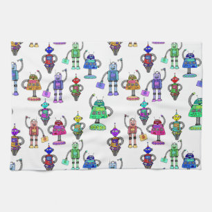 Colourful cute robots on white background tea towel