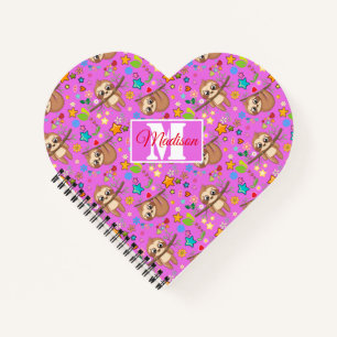 Colourful Cute Sloth Pattern   Add Your Name Heart Notebook