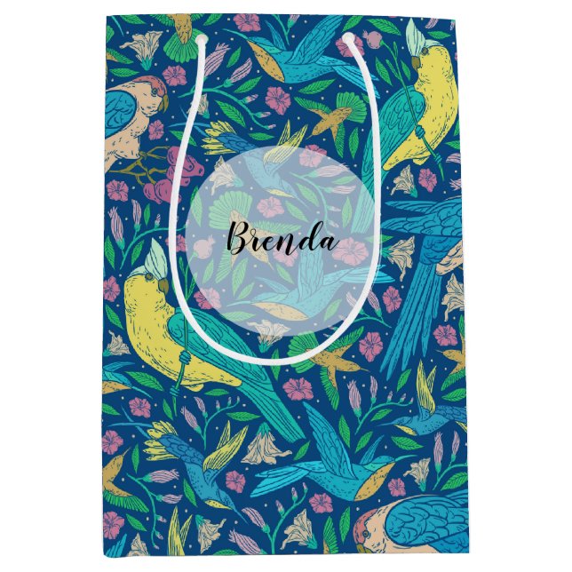 Colourful Cute Tropical Bids & Flowers Pattern Medium Gift Bag (Front)