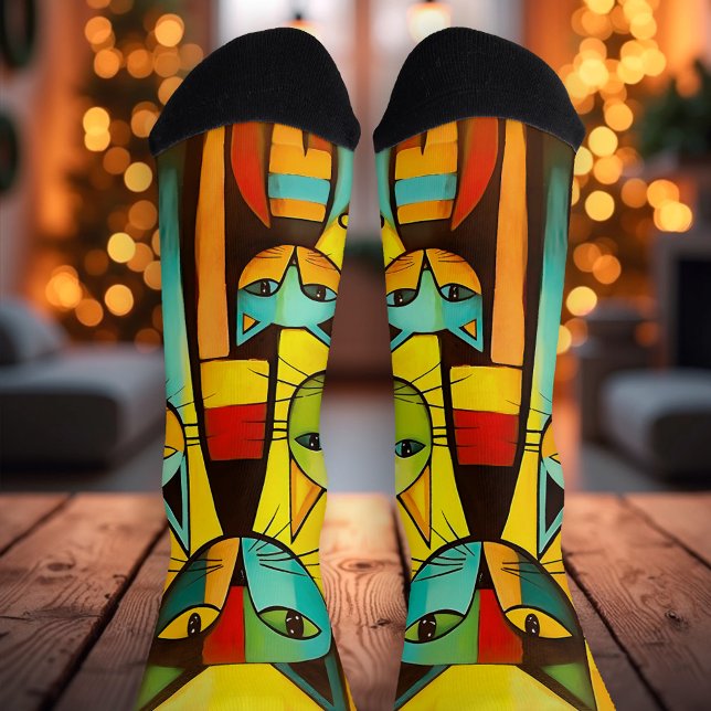 Colourful Cute Whimsical Art Cat Socks (Artistic socks featuring a fun colorful painting with cute cats. Nice surprise for Christmas)