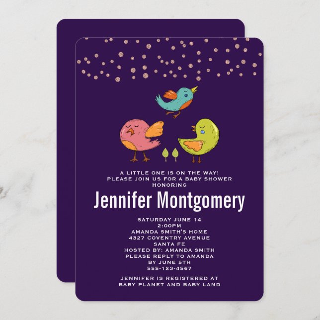 Colourful Cute Whimsical Birds Baby Shower Invitation (Front/Back)