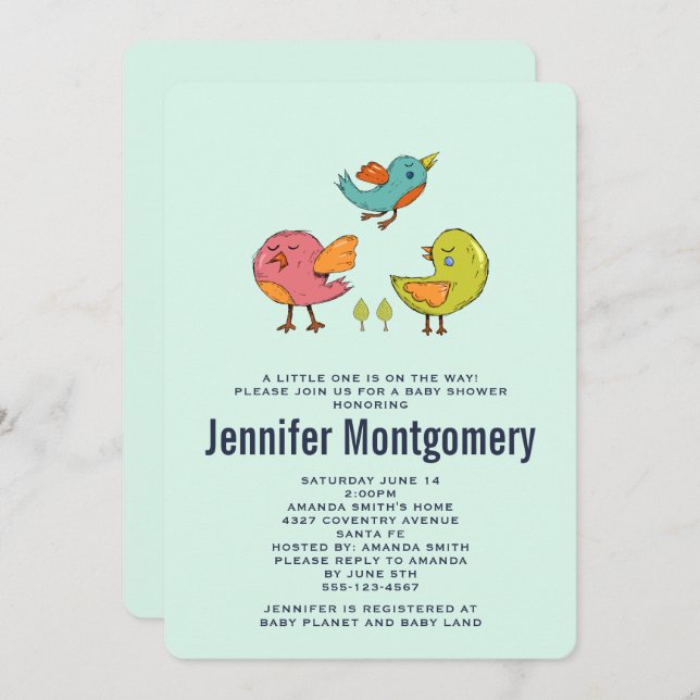 Colourful Cute Whimsical Birds Baby Shower Invitation (Front/Back)
