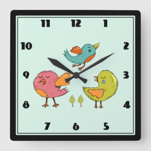 Colourful Cute Whimsical Birds Square Wall Clock