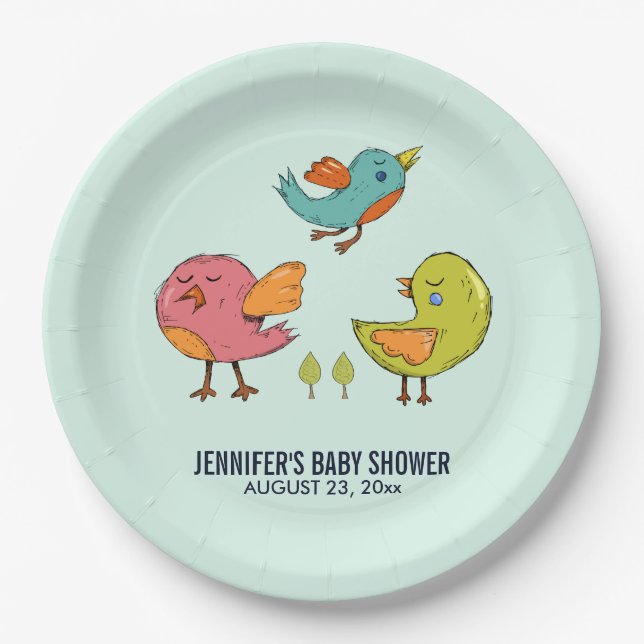 Colourful Cute Whimsical Birds Trio Baby Shower Paper Plate (Front)
