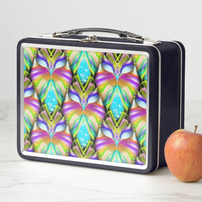 Colourful Cyan and Black Oracle Owl Pattern Metal Lunch Box (In Situ)