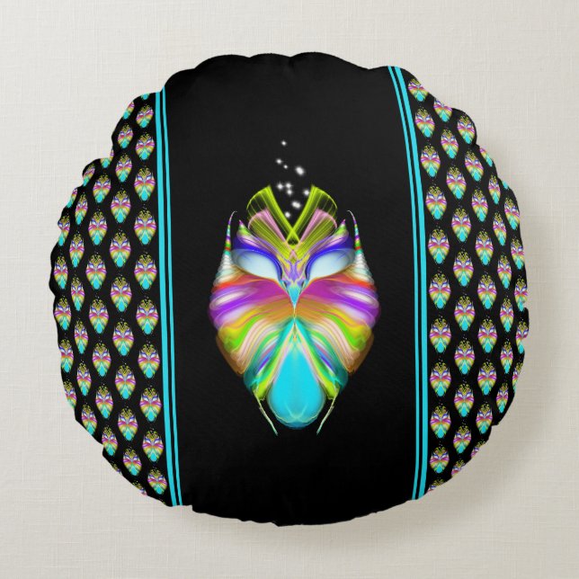 Colourful Cyan and Black Oracle Owl Round Cushion (Front)