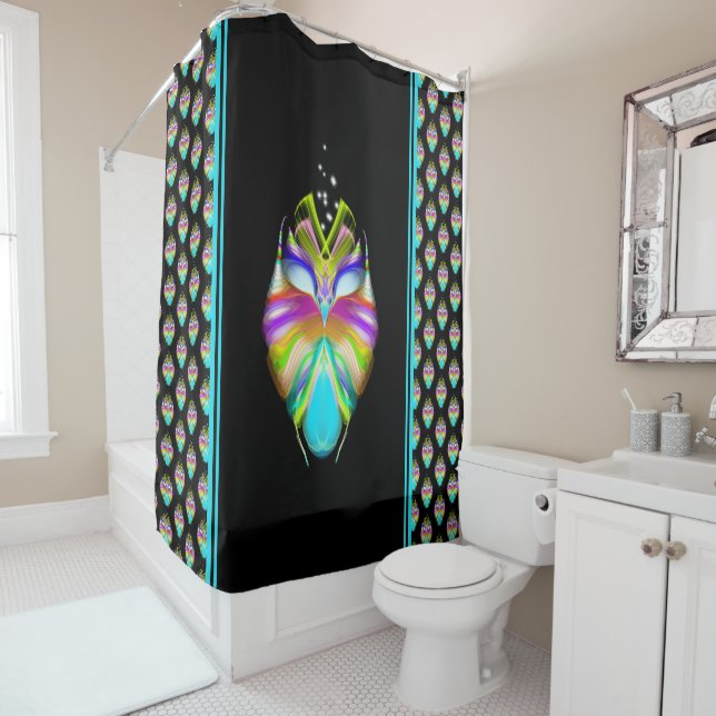 Colourful Cyan and Black Oracle Owl Shower Curtain (In Situ)