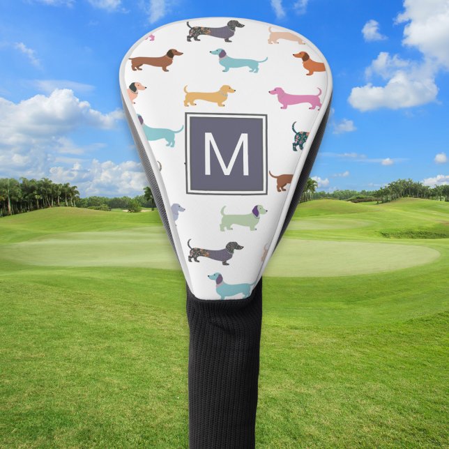 Colourful Dachshund Cute Doxie Sausage Dog Monogra Golf Head Cover (A monogrammed golf head cover for doxie lovers, with colorful dachshund dogs pattern)