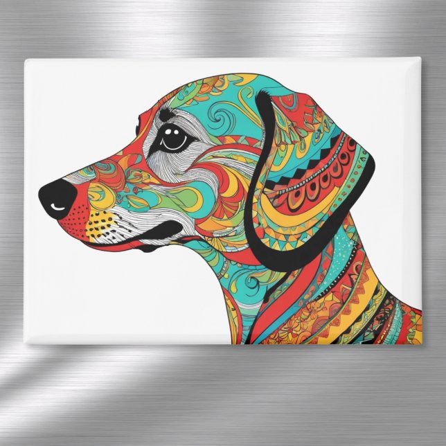 Colourful Dachshund Groovy Patterned Sausage Dog Magnet (A magnet with vibrant illustration of a dachshund in a groovy patterned style)