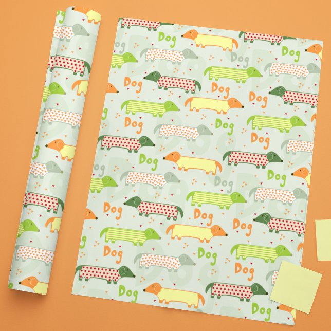 Colourful Dachshund Illustration Cute Dog Pattern Wrapping Paper (Creator Uploaded)