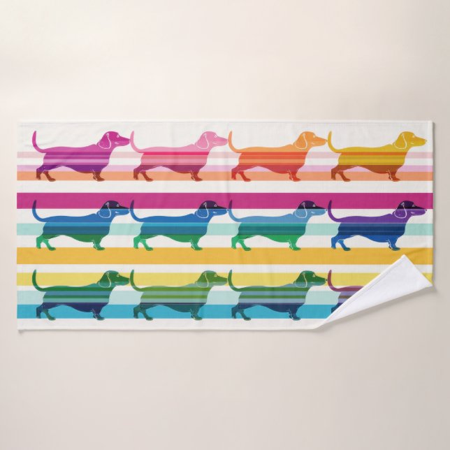 Colourful Dachshund Pattern Retro Stripes Bath Towel (Bath Towel)