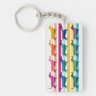 Colourful Dachshund Pattern Retro Stripes Key Ring