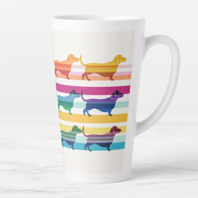 Colourful Dachshund Pattern Retro Stripes Latte Mug (Right)