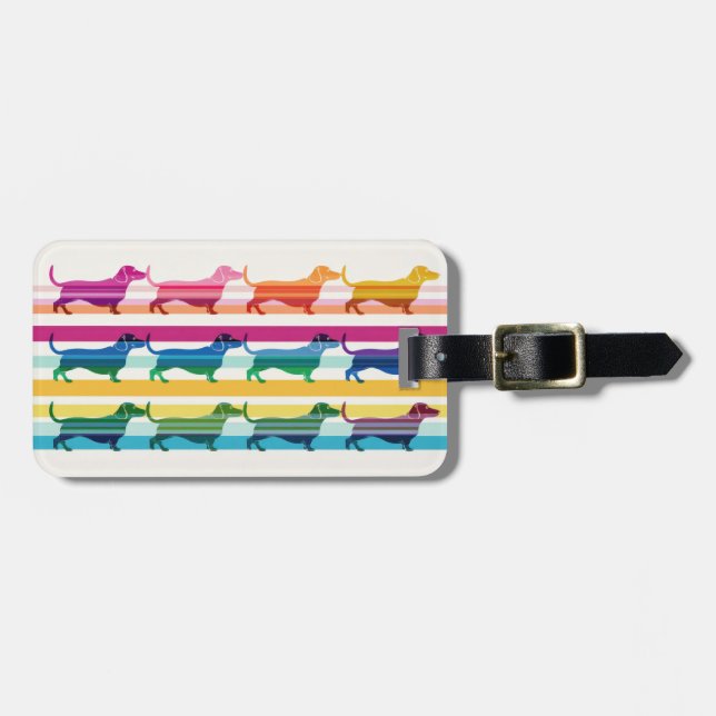 Colourful Dachshund Pattern Retro Stripes Luggage Tag (Front Horizontal)