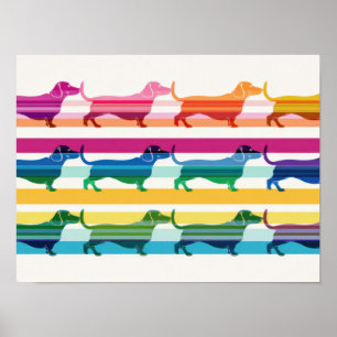 Colourful Dachshund Pattern Retro Stripes Poster