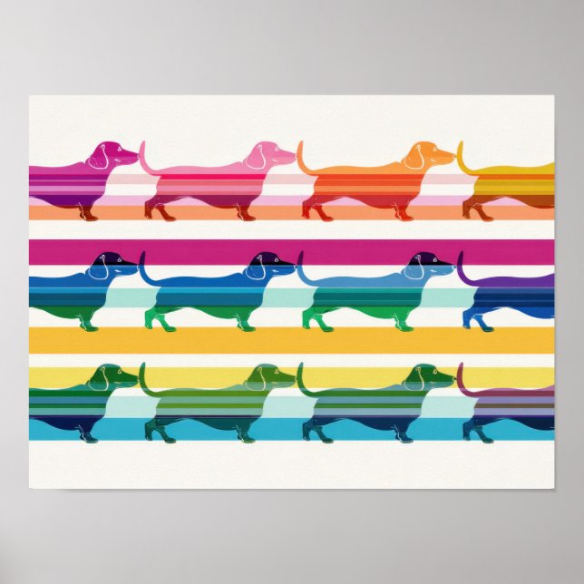 Colourful Dachshund Pattern Retro Stripes Poster (Front)