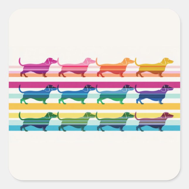 Colourful Dachshund Pattern Retro Stripes Square Sticker (Front)