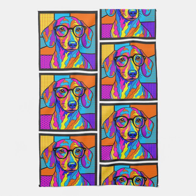 Colourful Dachshund Pop Art Kitchen Towel (Vertical)