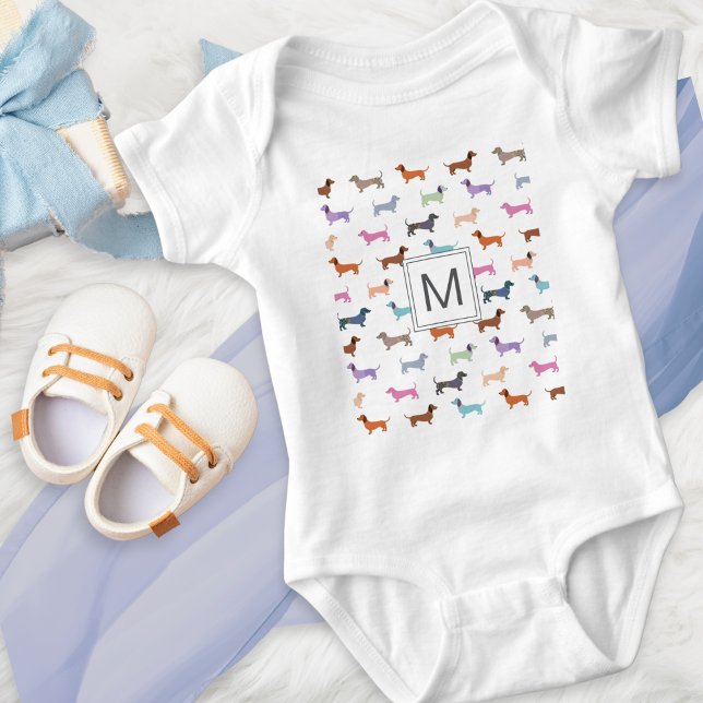 Colourful Dachshunds Cute Sausage Dogs Patterned Baby Bodysuit (A cute baby bodysuit with pattern of colorful dachshunds and monogram initial)