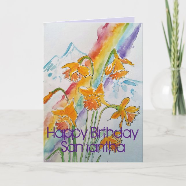 Colourful Daffodil Rainbow Watercolor Birthday Car Card (Front)