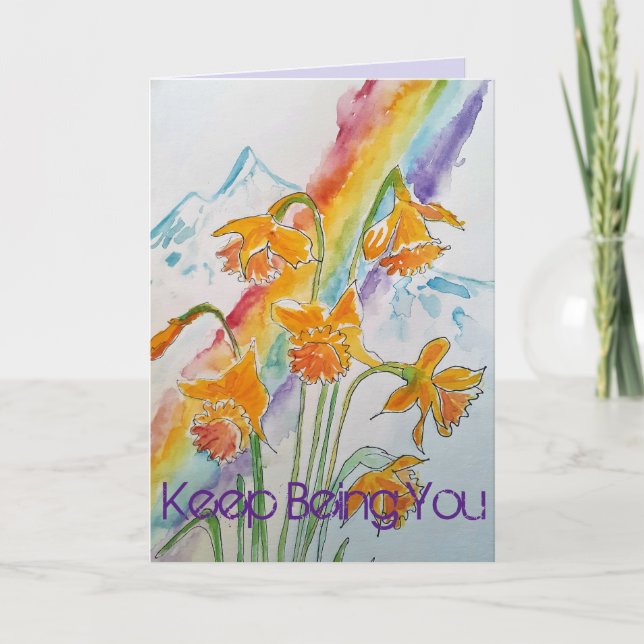 Colourful Daffodil Rainbow Watercolor Birthday Car Card (Front)