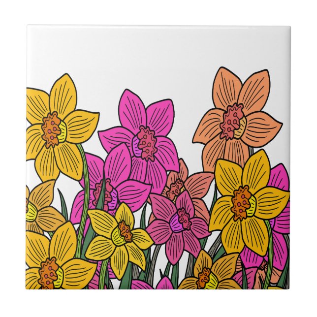 Colourful Daffodils Flowers Design Ceramic Tile (Front)