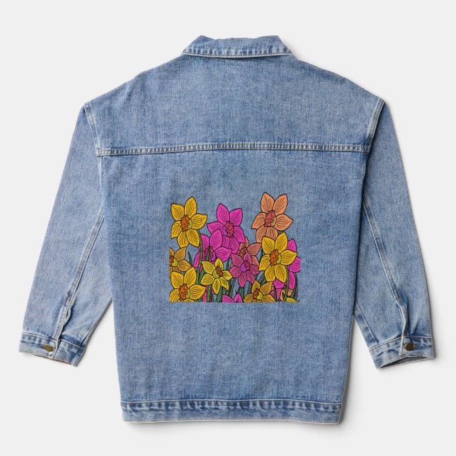 Colourful Daffodils Flowers Design Denim Jacket (Back)