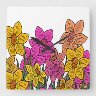 Colourful Daffodils Flowers Design Square Wall Clock