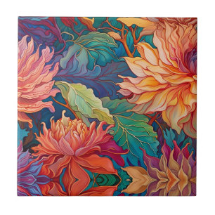 Colourful Dahlia Floral Tapestry Ceramic Tile