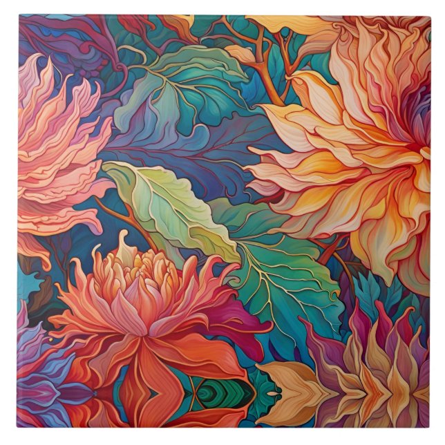 Colourful Dahlia Floral Tapestry Ceramic Tile (Front)