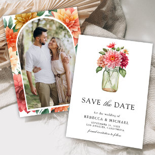 Colourful Dahlia Mason Jar Photo Wedding Save The Date