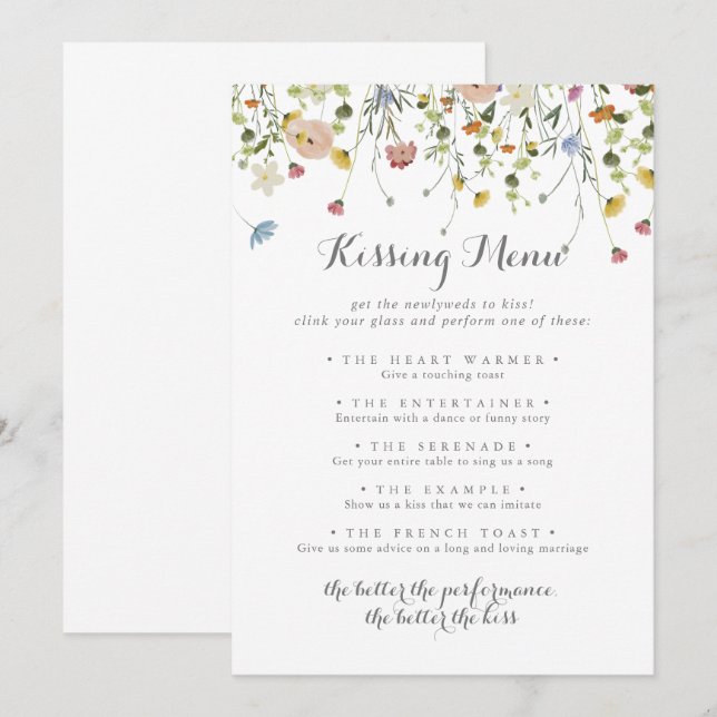 Colourful Dainty Wedding Kissing Menu Game Card (Front/Back)