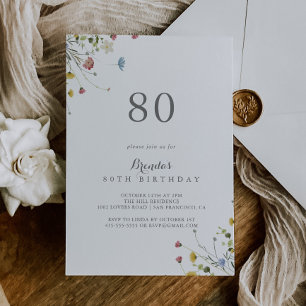 Colourful Dainty Wild Flowers 80th Birthday Party Invitation