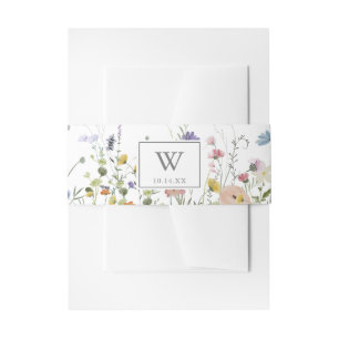 Colourful Dainty Wild Flowers Monogram Wedding  Invitation Belly Band