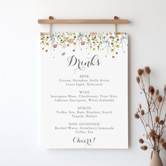 Colourful Dainty Wild Flowers Wedding Drinks Menu Poster (Creator Uploaded)