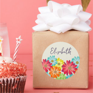 Colourful Daisies Birthday Girl Custom Name  Classic Round Sticker