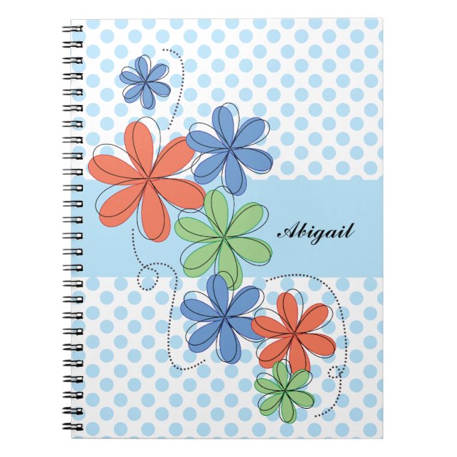 Colourful daisies, blue polka dots, personalised notebook (Front)