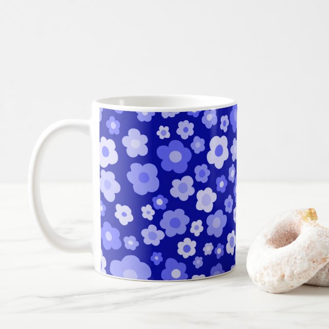 Colourful Daisies Floral Retro Pattern Bold Blue Coffee Mug (With Donut)