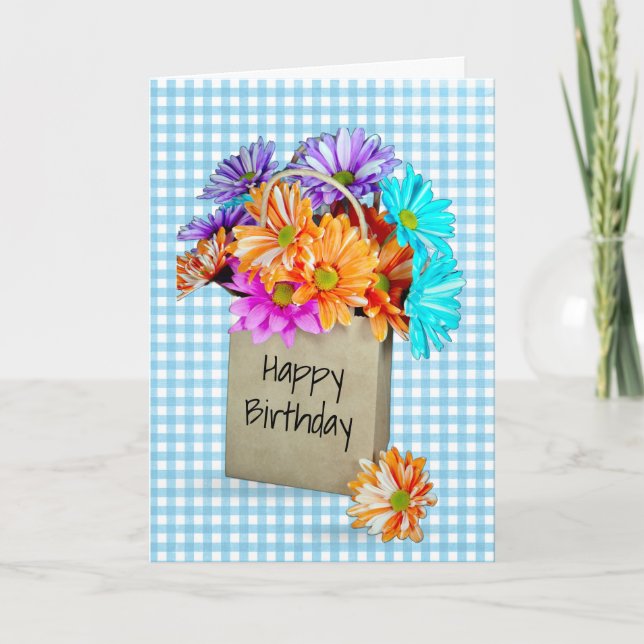 Colourful Daisies In Brown Bag Card (Front)