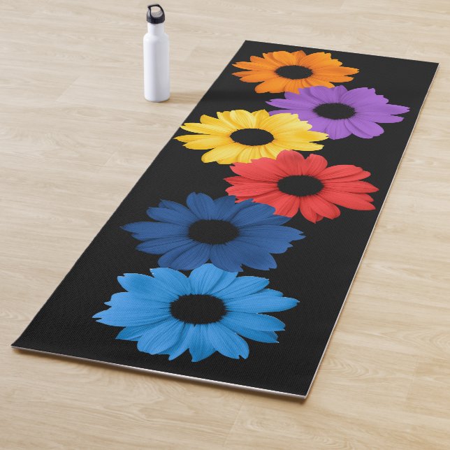 Colourful daisies on a black background yoga mat (In Situ)