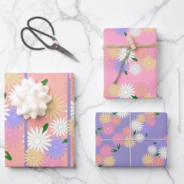 Colourful Daisies on Soft Peach and Jungle Mist Wrapping Paper Sheet (Front)
