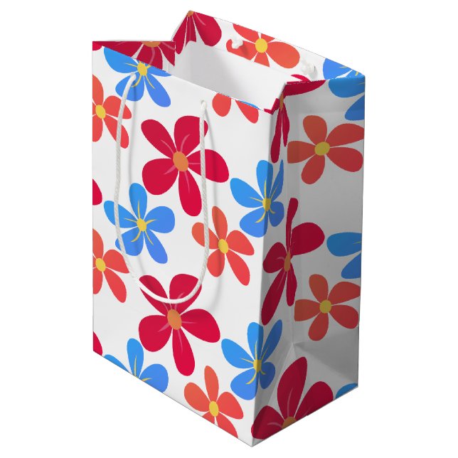 Colourful Daisies On White Medium Gift Bag (Back Angled)