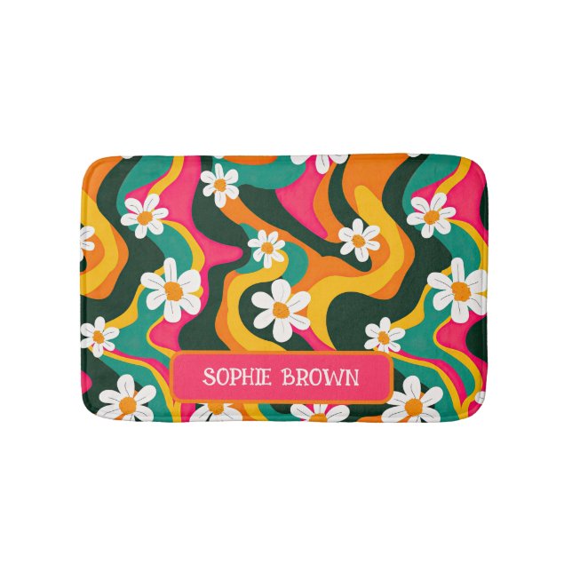 Colourful Daisies Retro 70s Floral Pattern Name Bath Mat (Front)