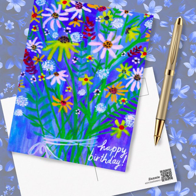 Colourful Daisy Bouquet Blue Happy Birthday Custom Postcard (Happy birthday blue bouquet watercolor postcard. Customize with your own text)